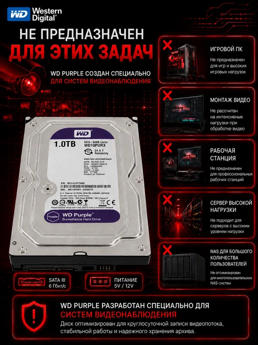 Western Digital Внутренний жесткий диск на 1ТБ для видеонаблюдения, 1 ТБ, фото 6
