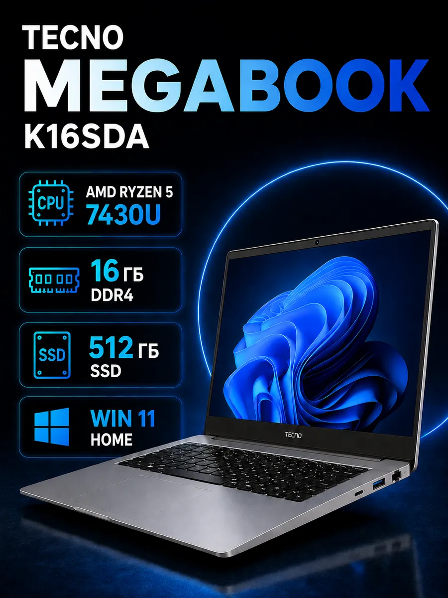 Ноутбук MegaBook K16SDA 16" Ryzen 5 7430U 16 512Gb, Win 11 H TECNO 1191975009 купить в интернет‑магазине Wildberries
