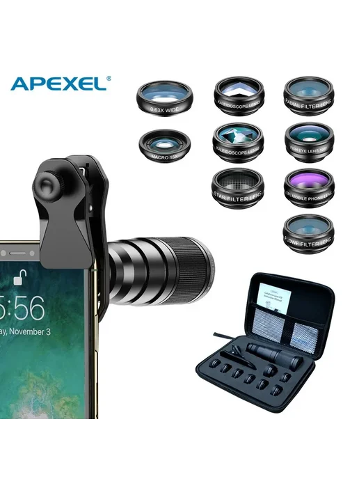 Apexel Объектив «рыбий глаз» 10 в 1 Набор линз для мобильног, черный, фото 2