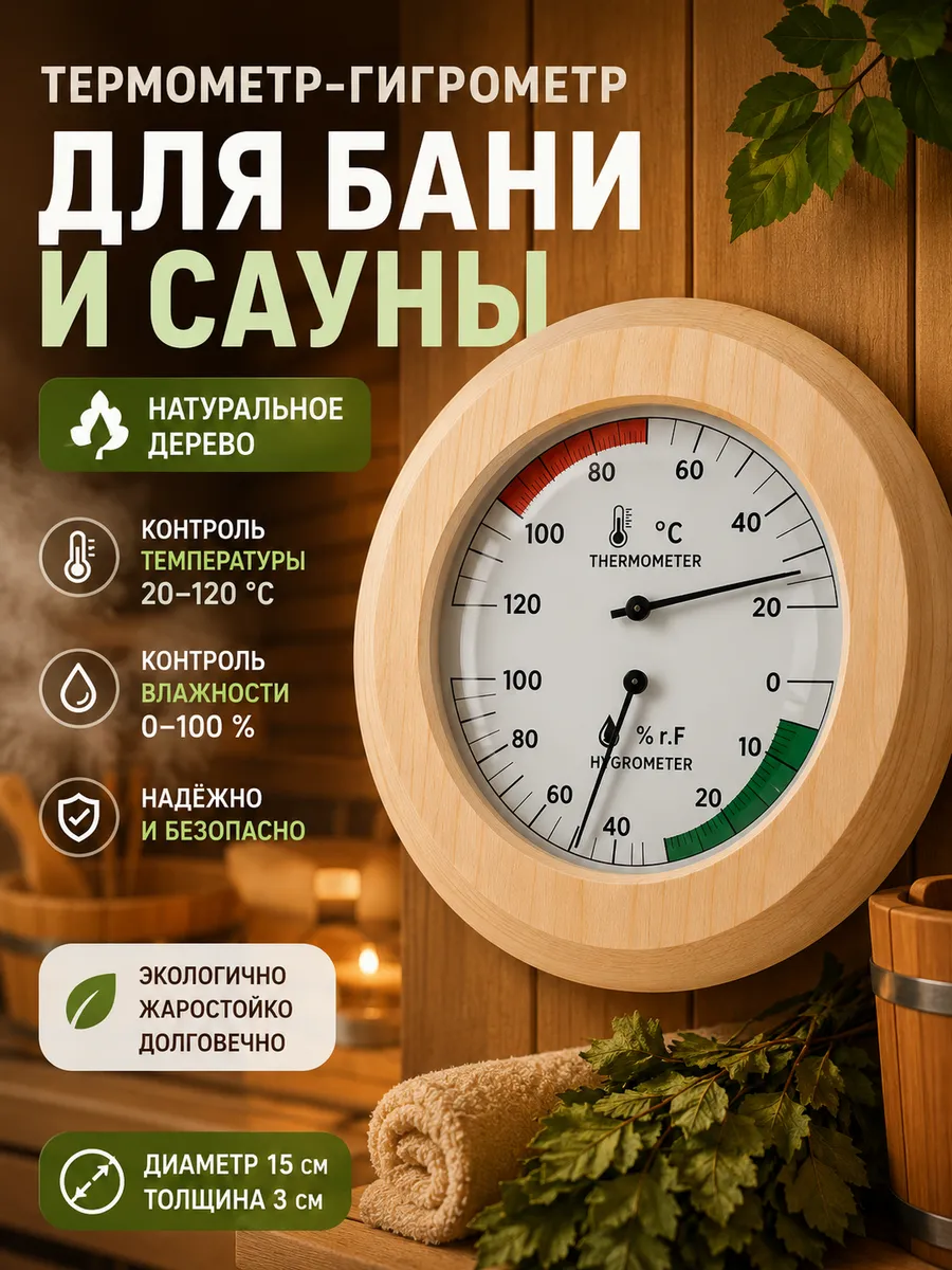 Термометр-гигрометр для бани и сауны X61 (дерево)