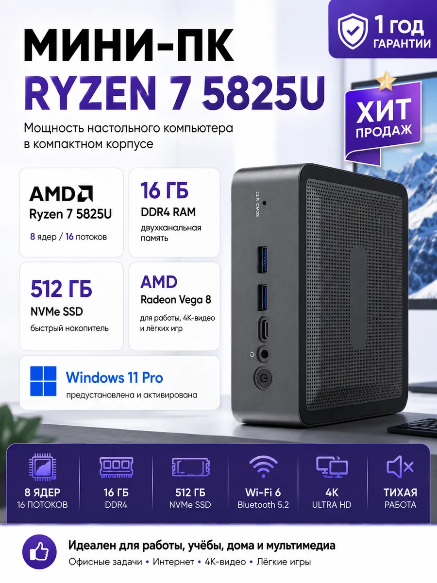 Мини-ПК Ryzen 7 5825U 8 ядер 16/512 ГБ
