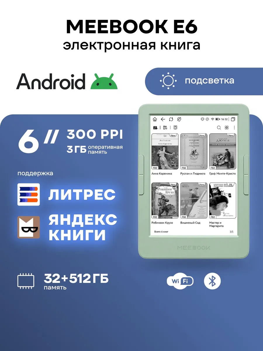 Электронная книга E6 (мятный) - 6 дюймов с подсветкой, 300 P…