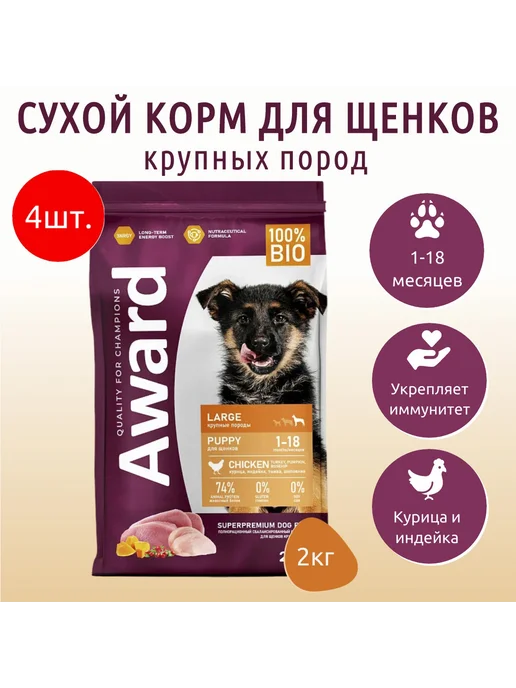 Сухой корм AWARD для собак, щенки, индейка, курица, 8 кг