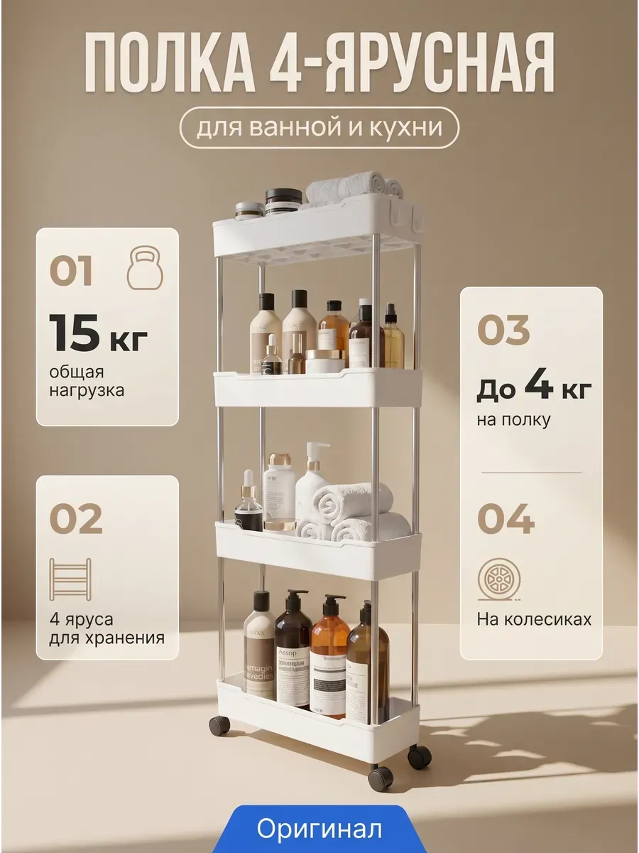 Этажерка полка для ванной передвижная