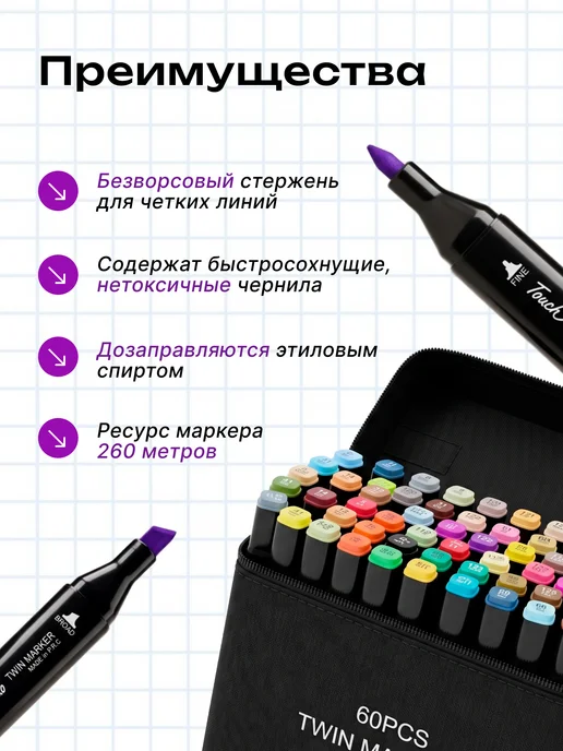 TANFORT Маркеры для скетчинга двусторонние фломастеры 60 шт, 60 шт, фото 7