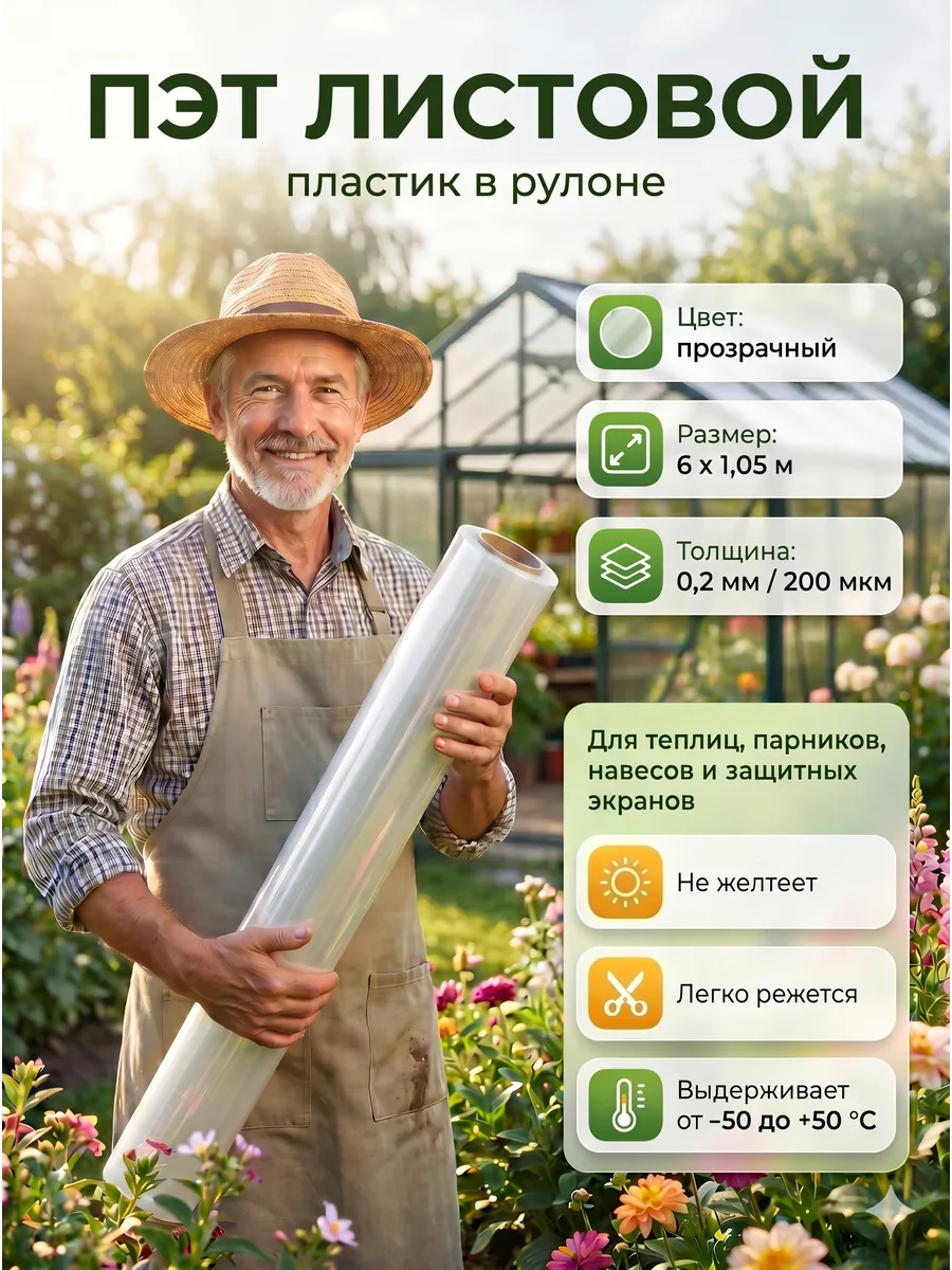 ПЭТ-лист монолитный прозрачный в рулоне 1,05х6 м, 200 мкм