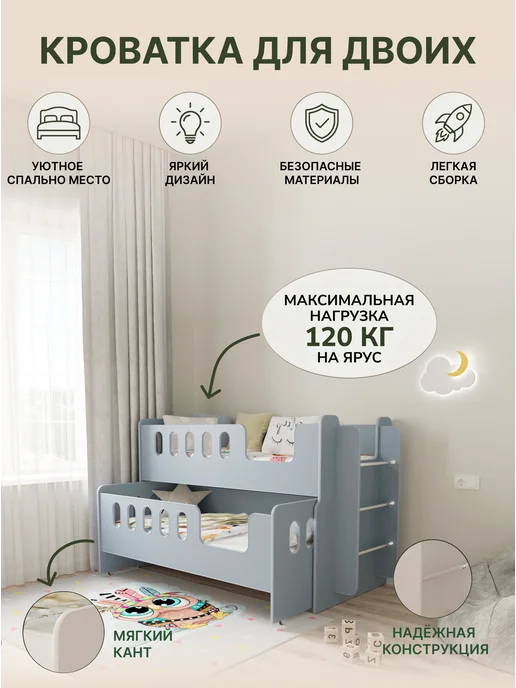 СПЛЮШКИН Кровать Чудо 09 200х90, серый, 200x90, голубой, фото 2