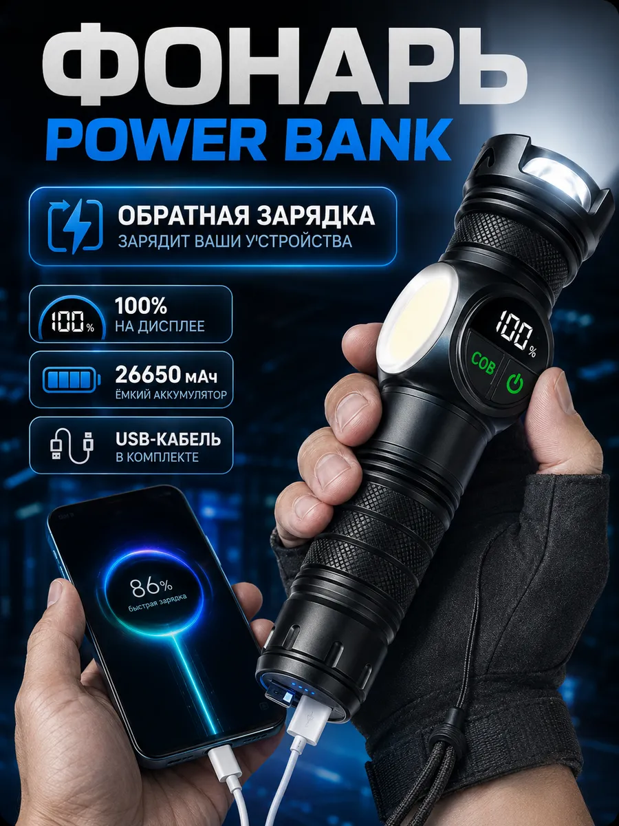 Фонарь аккумуляторный для рыбалки и похода с ремешком