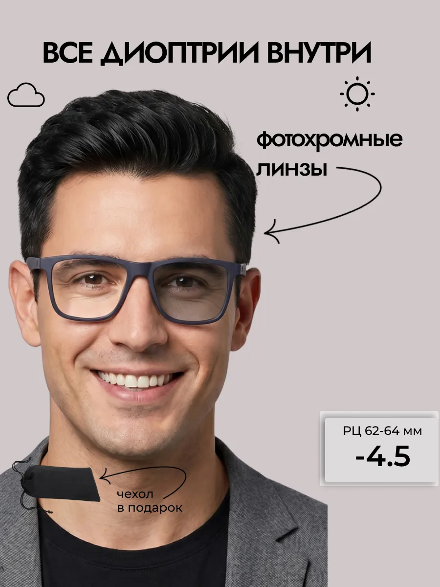 Очки для зрения мужские фотохромные квадратные