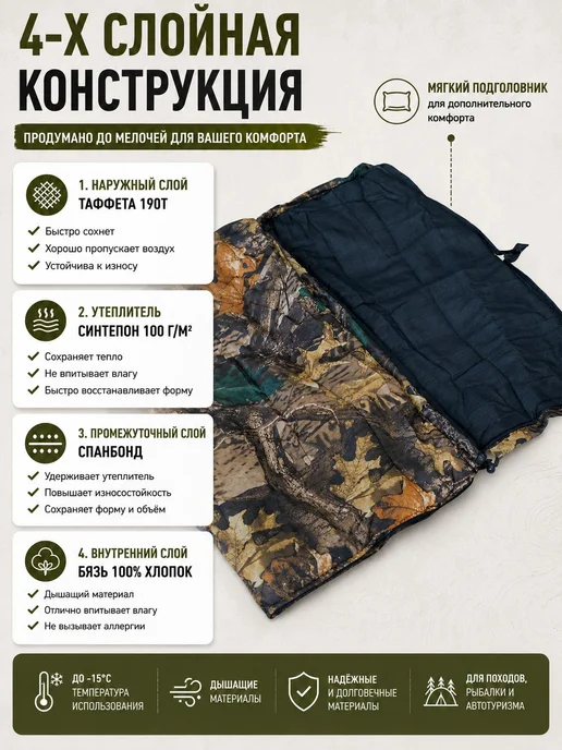 мастер лодок Спальный мешок с подголовником 4х слойный 240*90, камуфляж, 240x90, фото 2