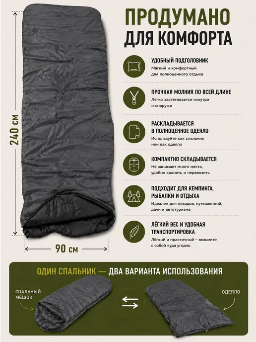 мастер лодок Спальный мешок туристический 2х слойный, 230х90, графит, 230x90, фото 2