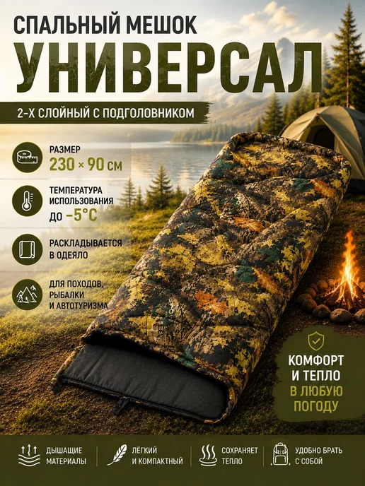 мастер лодок Спальный мешок туристический 2х слойный, 230х90, камуфляж, 230x90