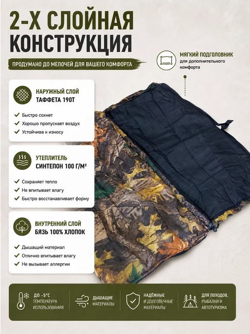 мастер лодок Спальный мешок туристический 2х слойный, 230х90, камуфляж, 230x90, фото 2