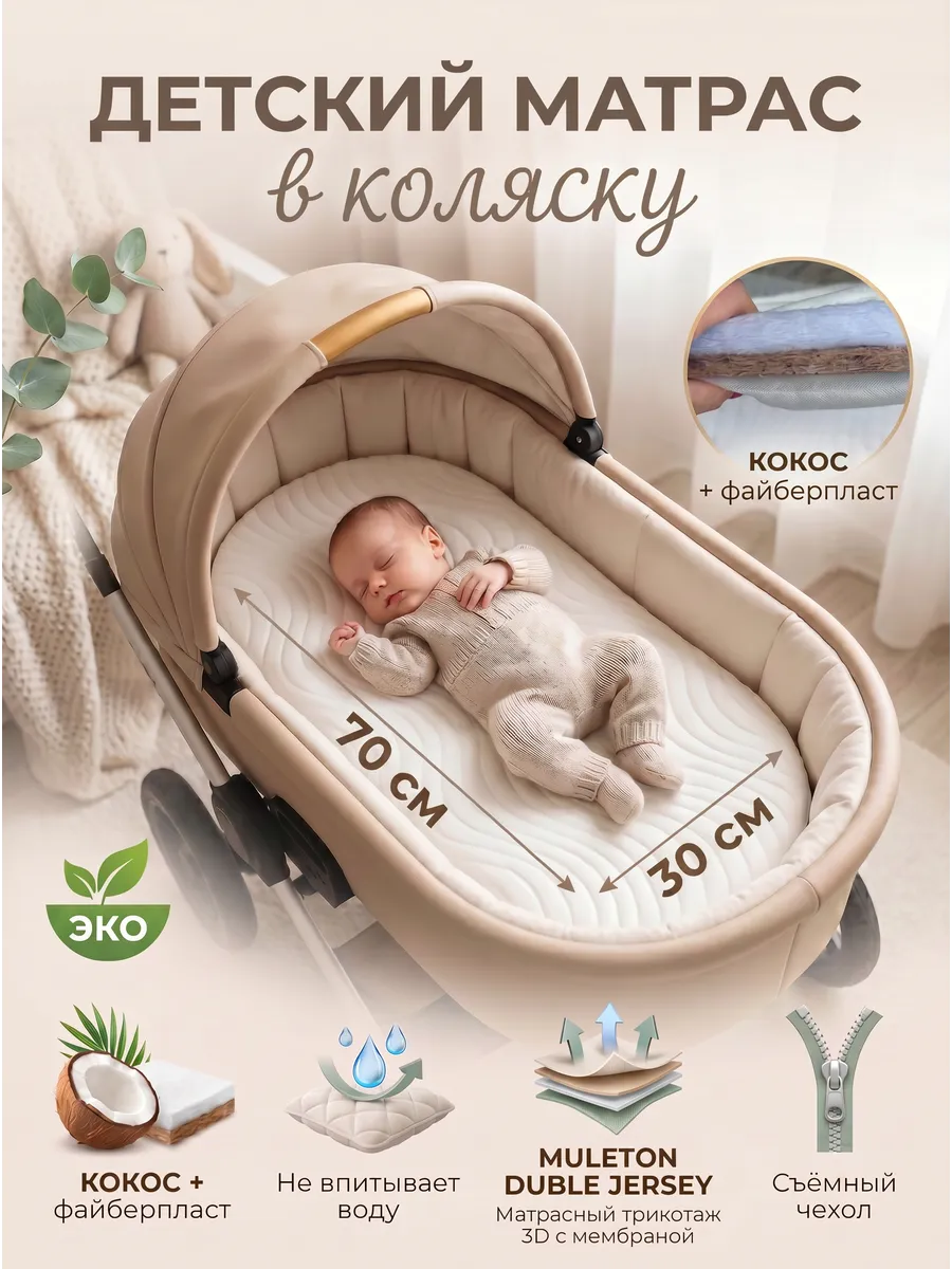Матрас в коляску кокосовый непромокаемый 70-30