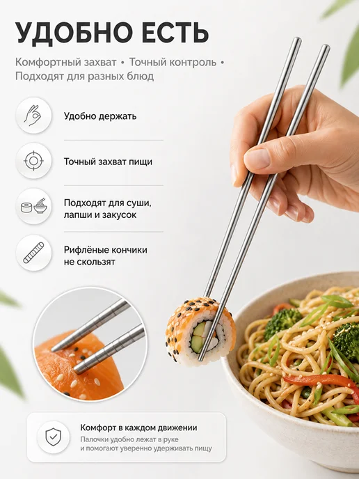 MINISO Life Палочки для еды железные многоразовые, набор 3 пары, серый, фото 2