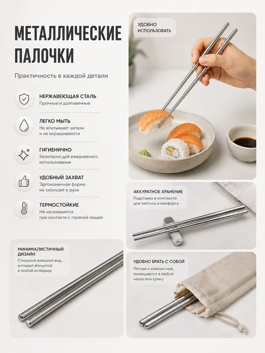 MINISO Life Палочки для еды железные многоразовые, набор 3 пары, серый, фото 3