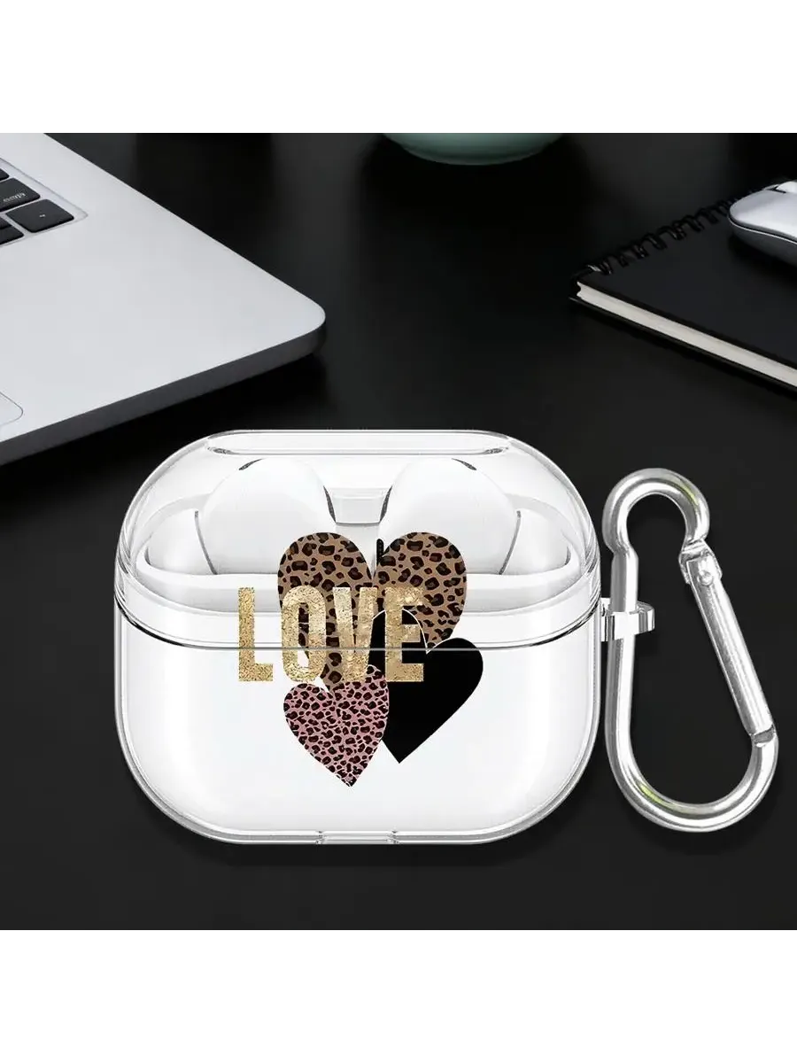 Прозрачный чехол для наушников Leopard Love Hearts с крючком