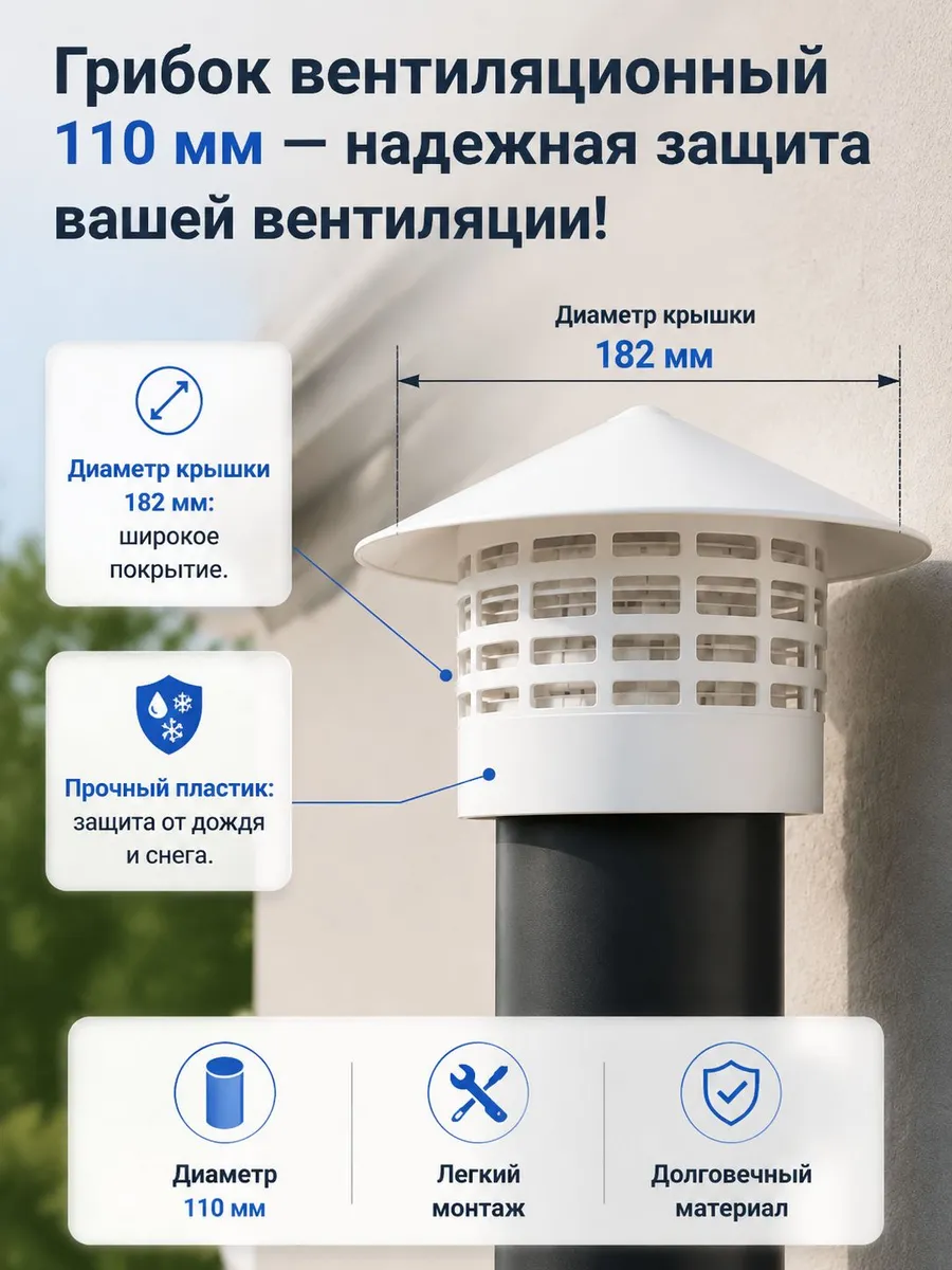 грибок на трубу 110, пластиковый колпак-дефлектор вытяжной с