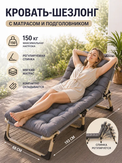 rutvan Раскладушка с матрасом туристическая взрослая в палатку, серый
