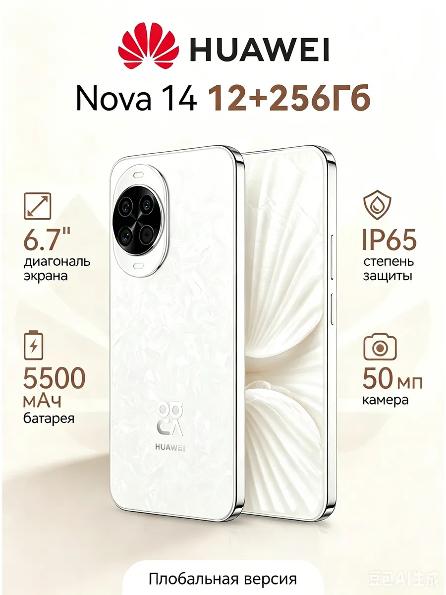 Huawei Смартфон Nova 14 — 6.7″ OLED, 120 Гц, 12 ГБ + 256 ГБ белое