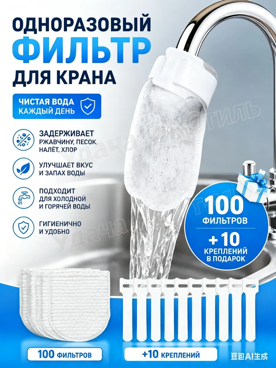 Одноразовый фильтр для крана 100 шт, очистка воды от и хлора