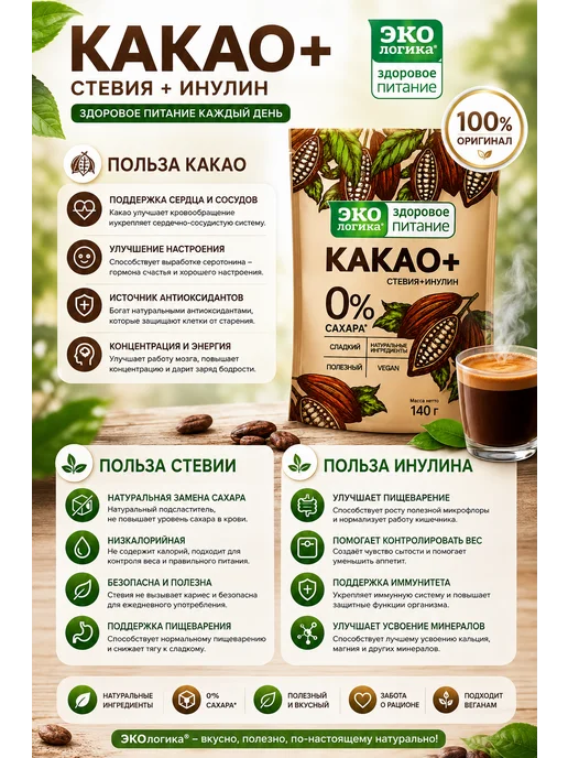 Экологика Здоровое Питание Экологика "Какао Плюс" без сахара, 125 гр, 140 г, фото 2