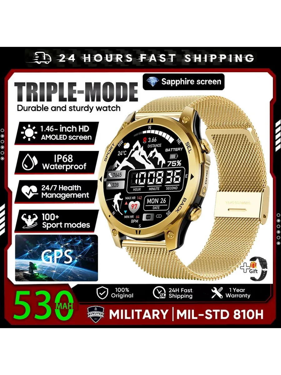 BOALZETD Xiaomi 2026 Military Smart Watch GPS IP68 gold Mesh