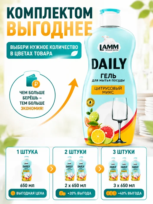 Выгодная полка Моющее средство гель для мытья посуды и продуктов овощей рук, 1,95 л, 3 шт, фото 2
