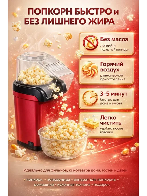 Попкорница для дома электрическая без масла, красный, фото 2