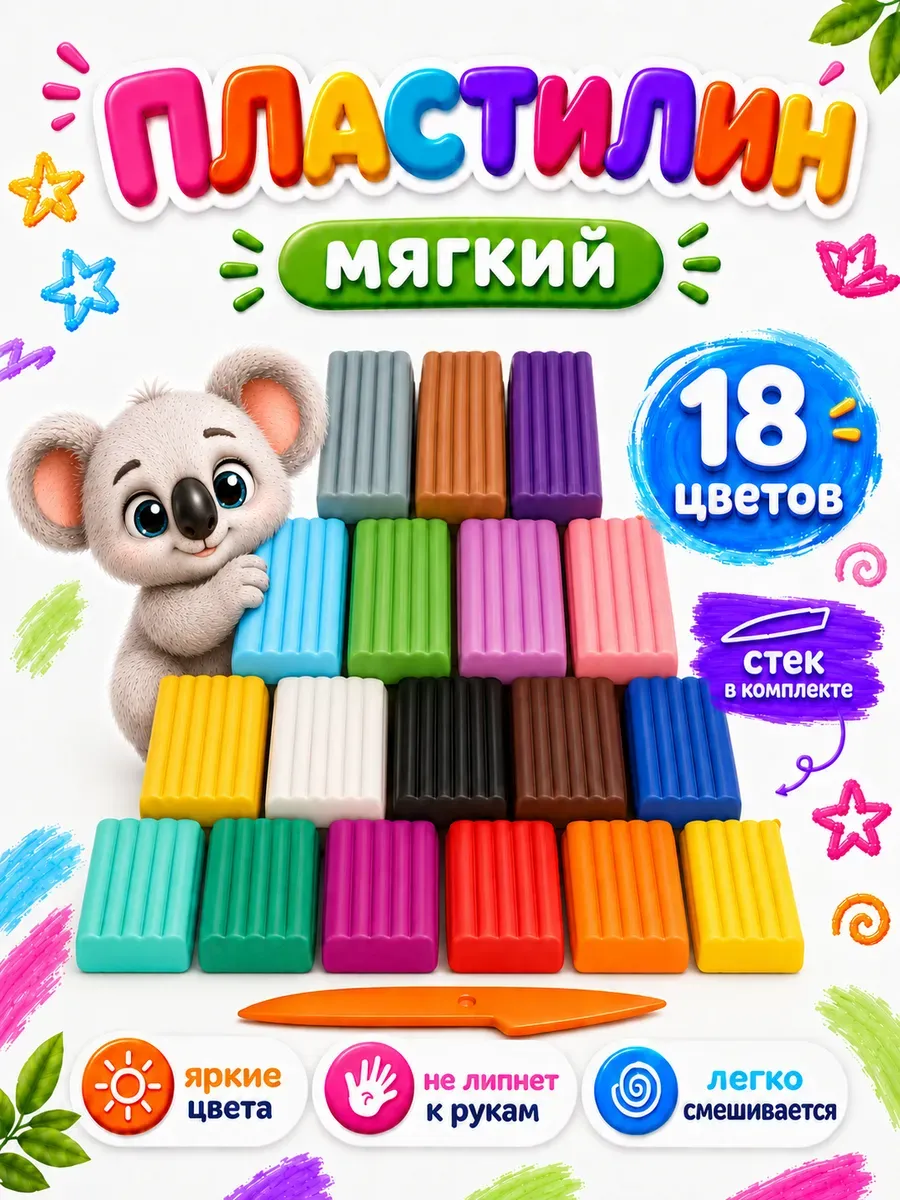 Пластилин для лепки в школу 18 цветов