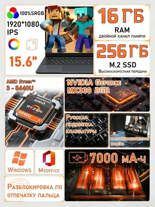 Huga 15.6” игровой ноутбук 16+256 ГБ для работы и учебы с видеока…, 256 ГБ, фото 2