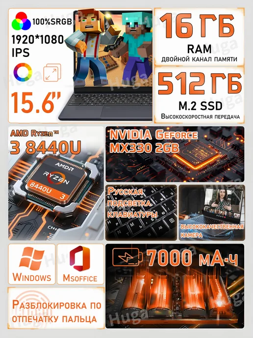 Huga 15.6'' Игровой ноутбук R7-7730U,16+256 ГБ,NVIDIA MX330, 512 ГБ, фото 2