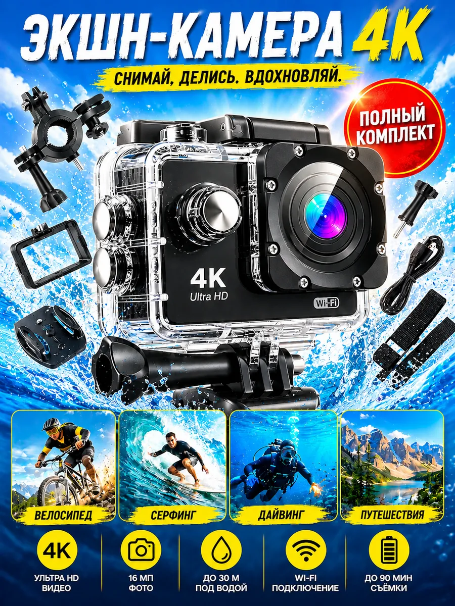 WE GO Экшн камера 4к с креплениями цифровая
