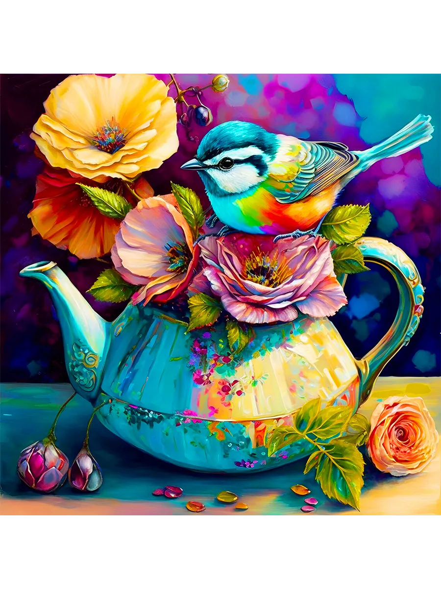 5D ДФ полная выкладка с птицами на чашках, 40x40 см