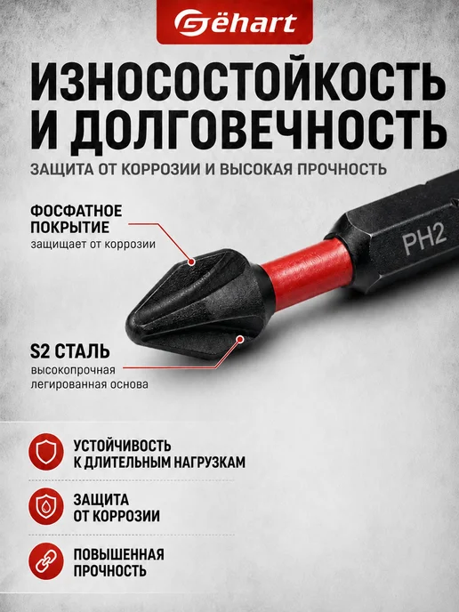 Gёhart Набор биты торсионные ударные магнитные S2 PH2 10 шт 65мм, 10 шт, фото 3