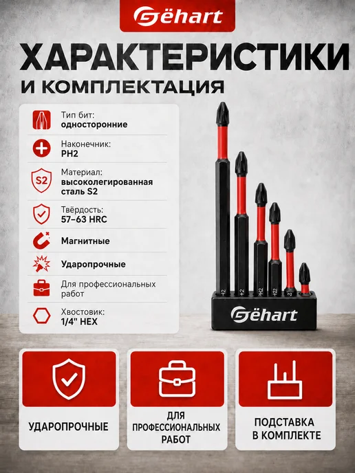 Gёhart Набор биты торсионные ударные магнитные S2 6 шт 25-150 мм, 6 шт, фото 2