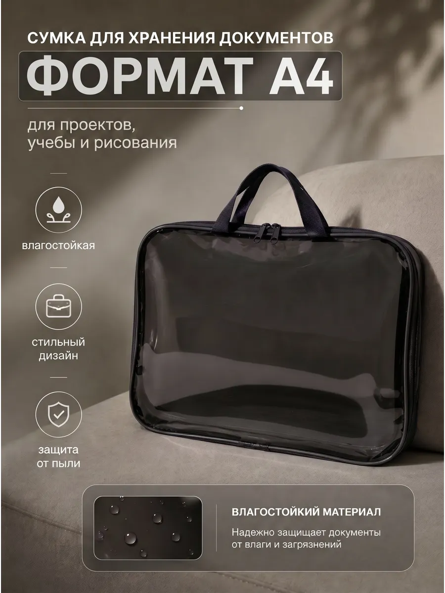Папка сумка для документов и тетрадей на молнии с ручками А4
