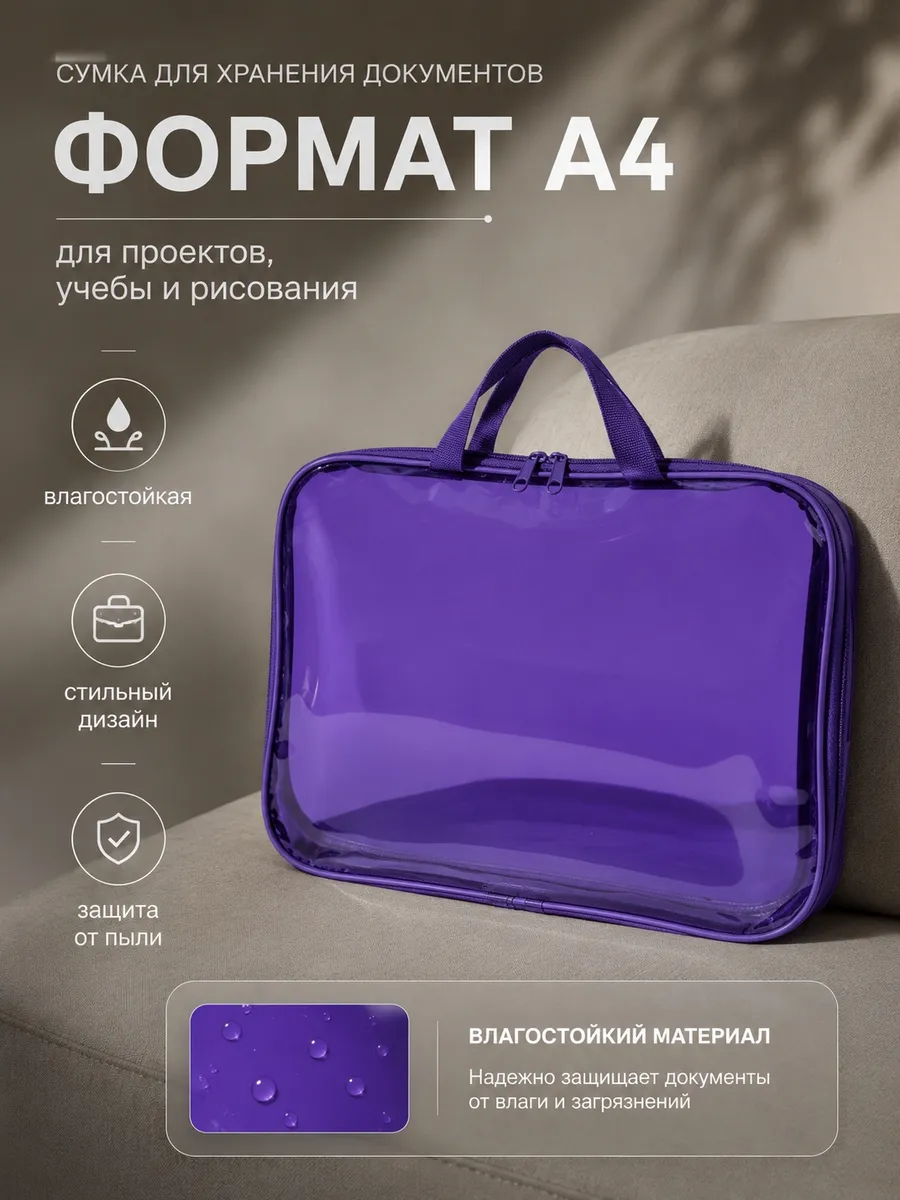 Папка сумка для документов и тетрадей на молнии с ручками А4