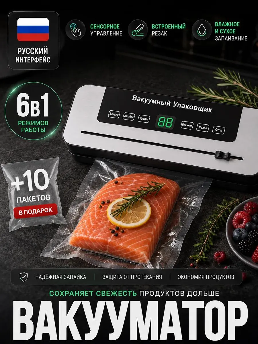 Вакууматор для продуктов с запайкой пакетов и резаком мощный