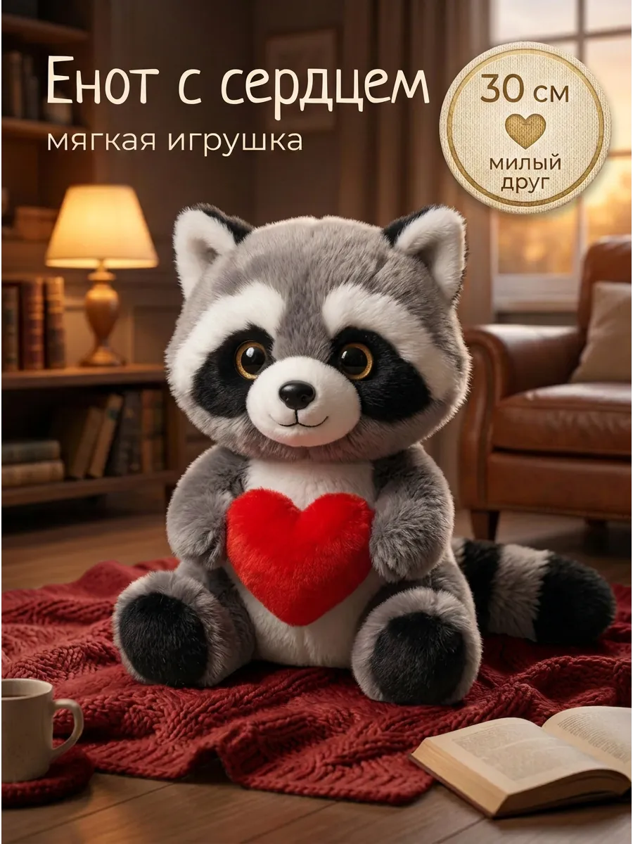 058 Мягкая игрушка Енот с сердцем 30 см