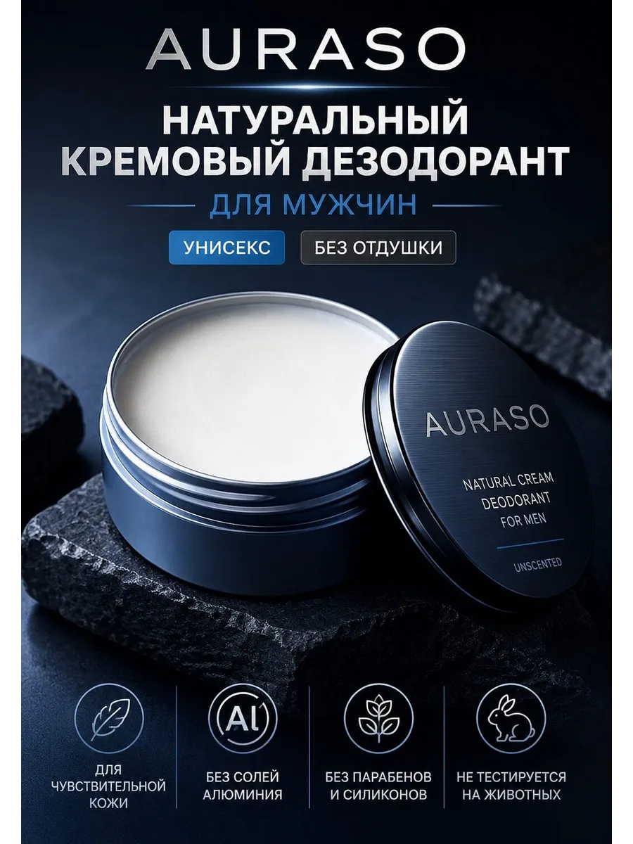 Дезодорант натуральный Аурасо для мужчин, без отдушки, кремовый