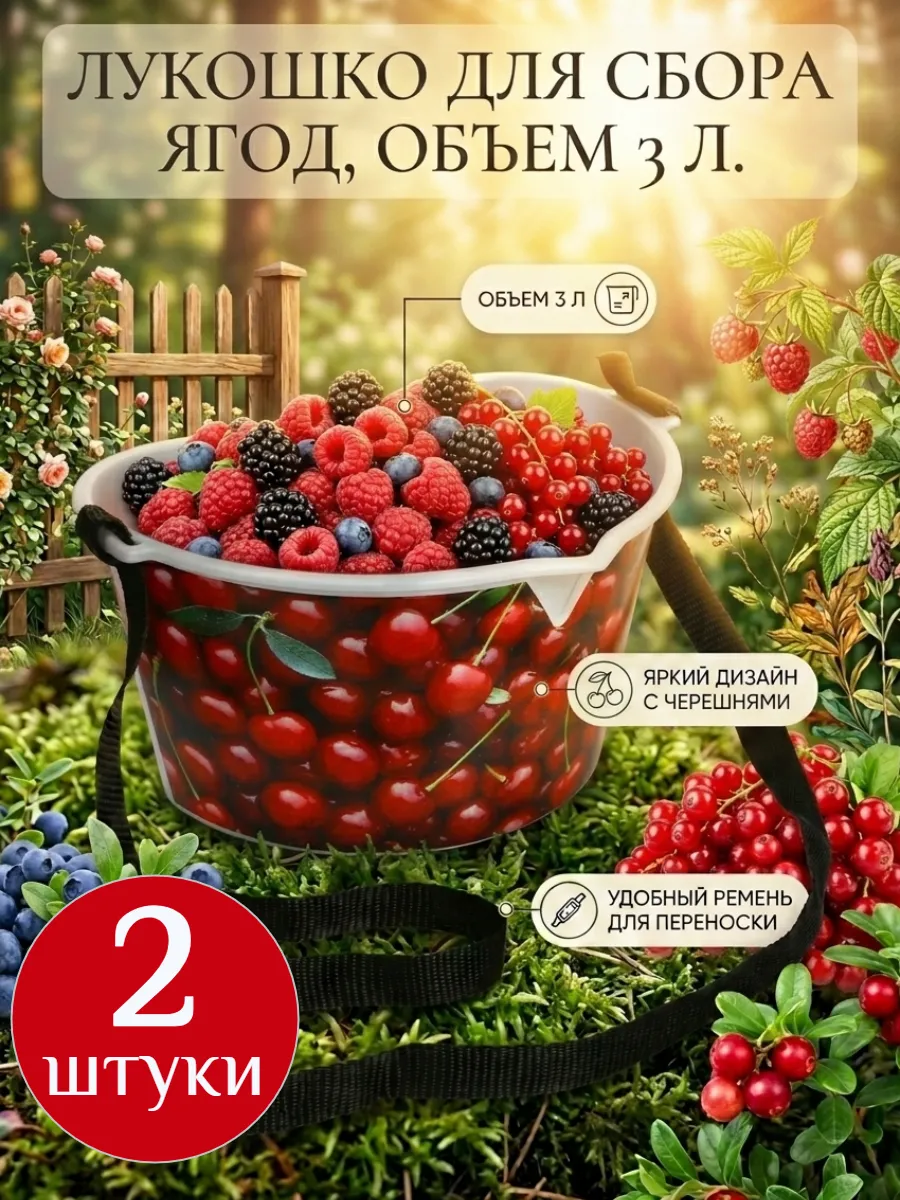 Лукошко для сбора ягод 3 л с ремнём, ведро 2 шт.