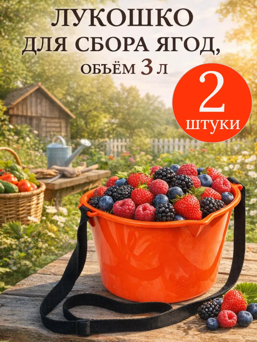 Лукошко для сбора ягод 3 л с ремнём, ведро 2 шт
