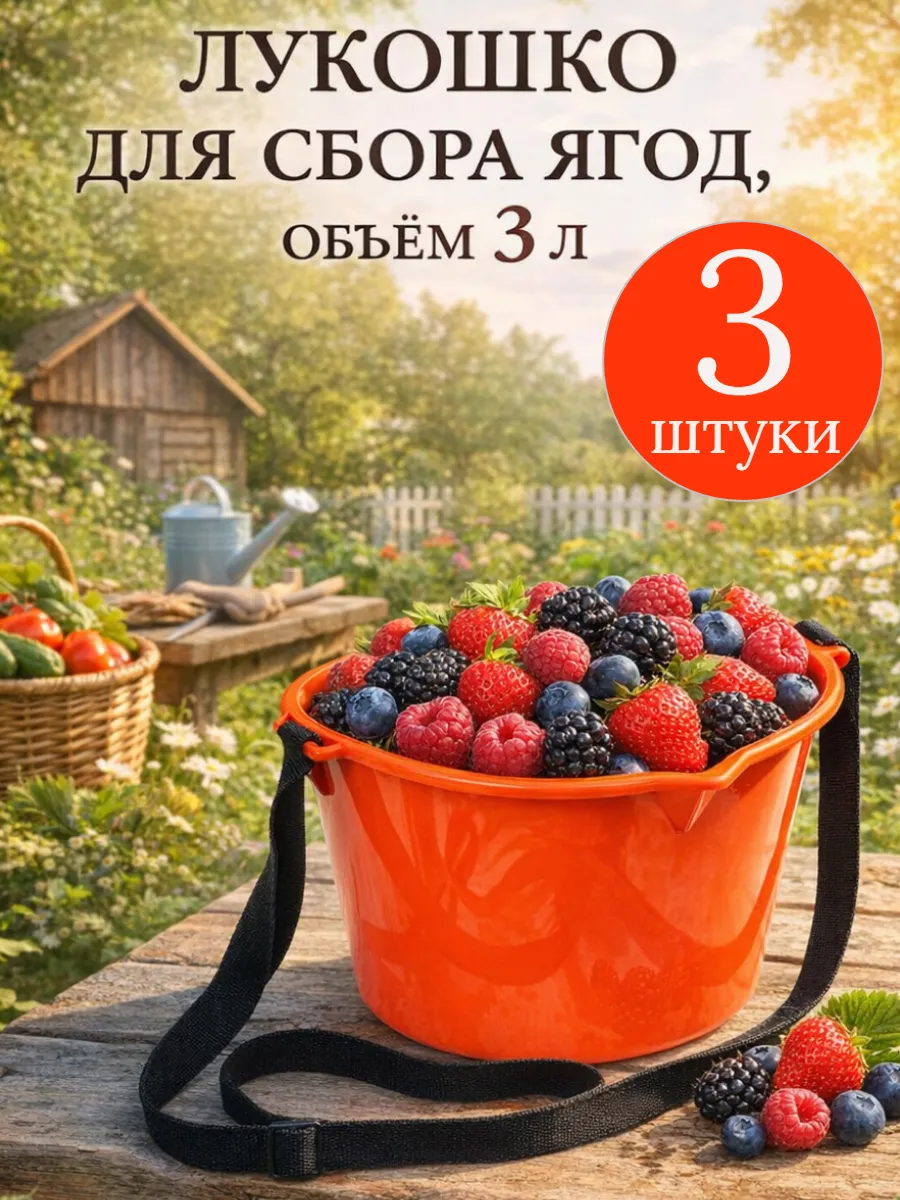Лукошко для сбора ягод 3 л с ремнём, ведро 3 шт