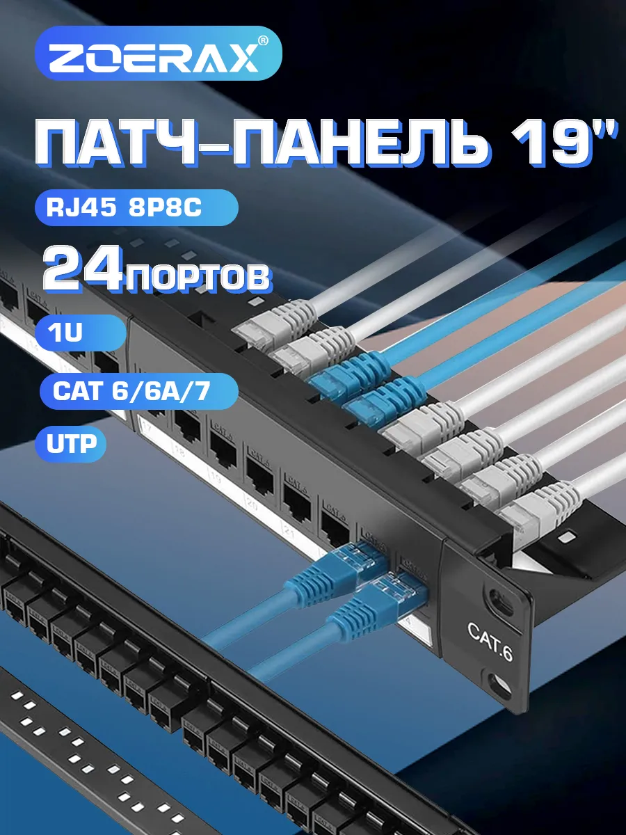 Патч-панель RJ45 24 порта Cat6 UTP 19" 1U без коннекторов