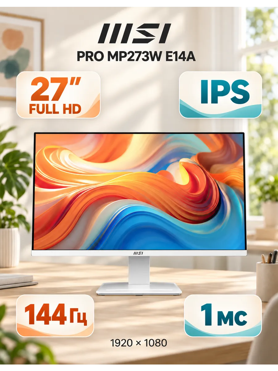 MSI 27" Монитор PRO MP273W E14A, IPS, 1920x1080, 144Гц (9S6-3PB4