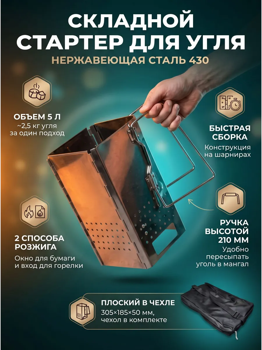 Стартер для розжига угля складной, нержавейка, с чехлом