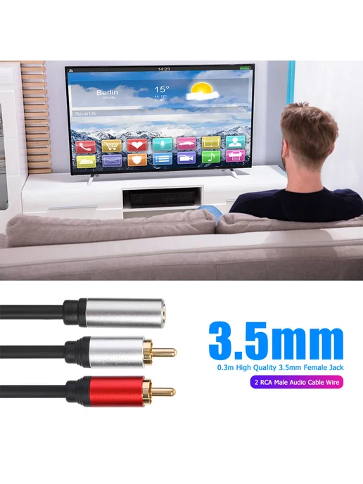 Аудио адаптер 3.5мм на 2RCA, 0.3м, гладкое соединение, 0,3 м, фото 2
