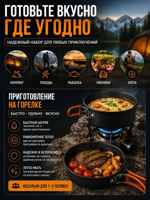 СОНУН1 Набор посуды туристической аксессуар походный, черный, фото 3