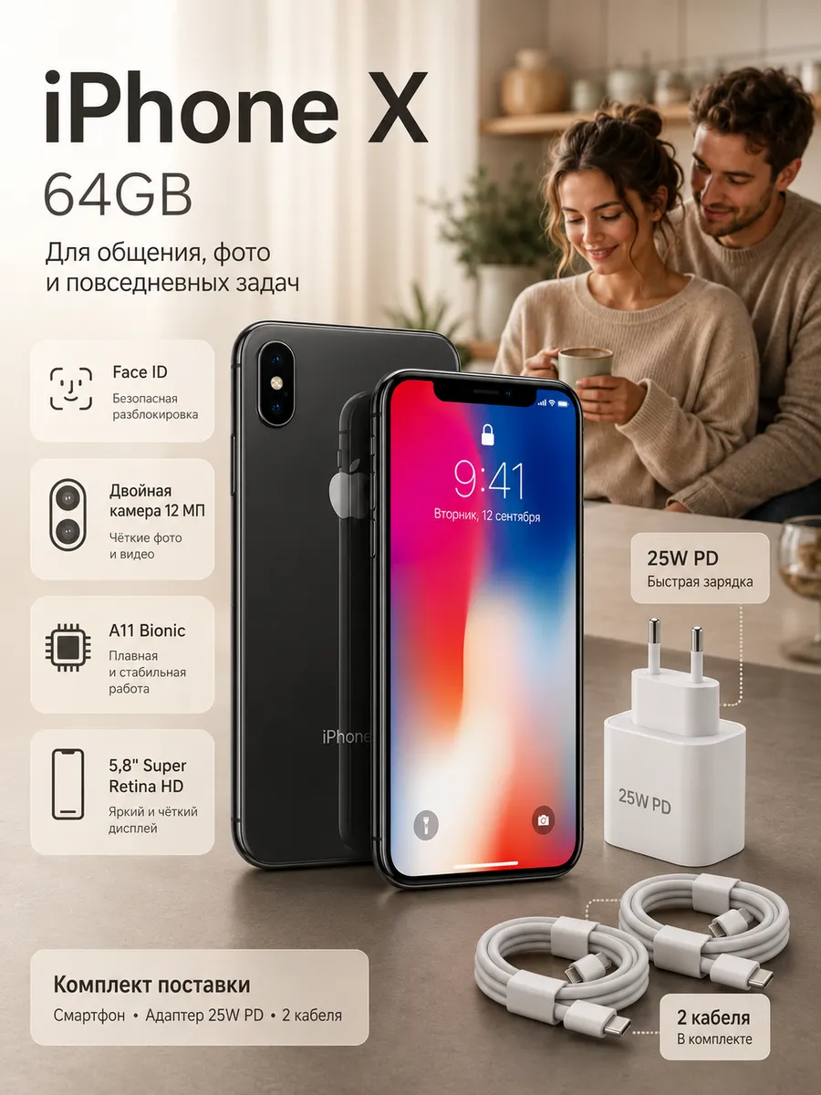 Смартфон iPhone X 64 ГБ, черный